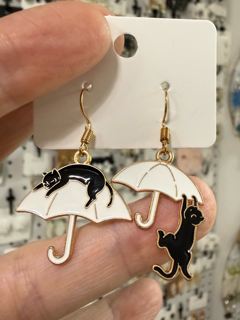 Black Cat & White Umbrella Enamel Drop Earrings - Charming Pet Cat Design